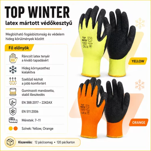Kesztyű latex mártott kevertszálas TOP WINTER Y, sárga/fekete, XXL